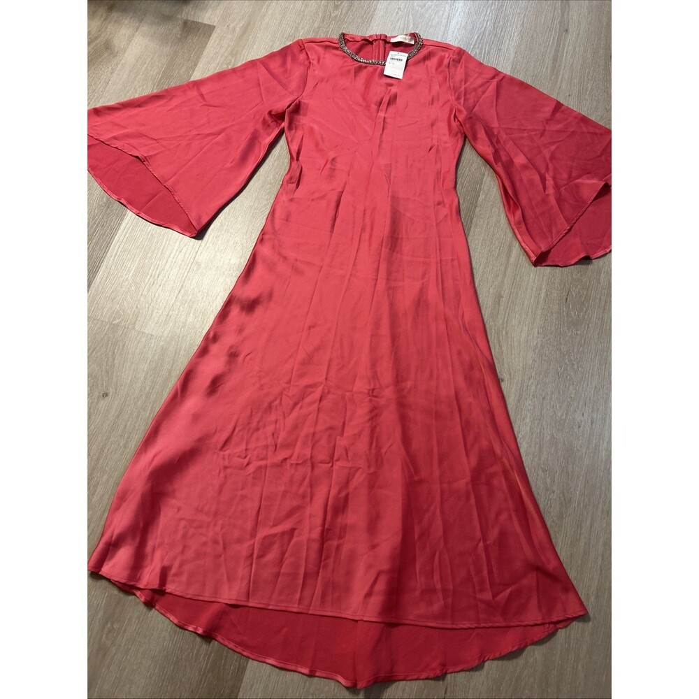 MNG Mango Flared-Sleeve Embellished Neck Satin Dress Pink Size US 4
